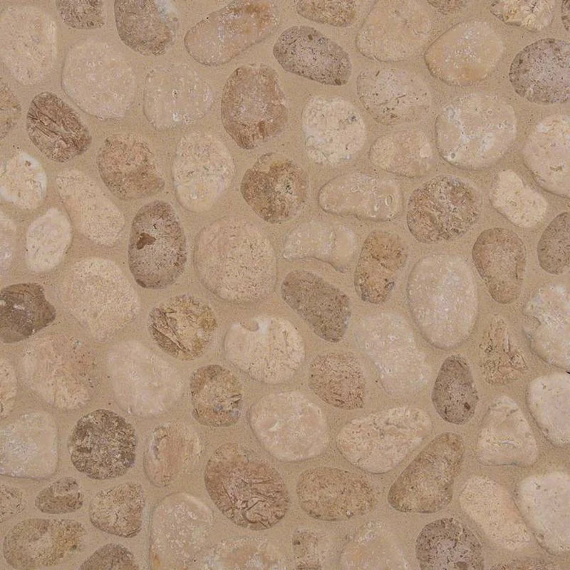Rio Lago Travertine Blend Pebbles Mesh Backed Pattern Tumbled Natural Stone Mosaic Tile
