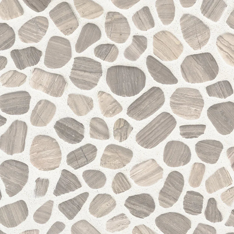 Rio Lago White Oak Pebbles Mesh Backed Pattern Tumbled Marble Mosaic Tile