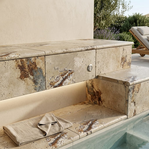 Riviera 12x24 Tumbled Travertine Single Bullnose Pool Coping — Spa spa overhang edge