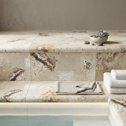 Riviera 12x24 Unfilled & Honed Travertine Single Bullnose Pool Coping — Spa spa overhang edge