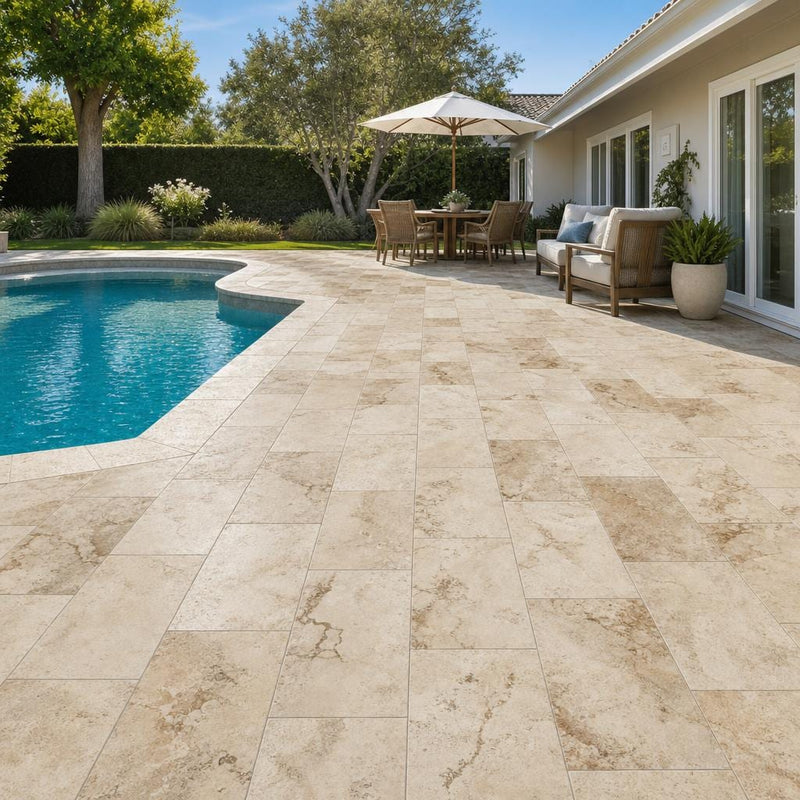 Riviera 16x24 Tumbled Travertine Paver — Backyard pool deck