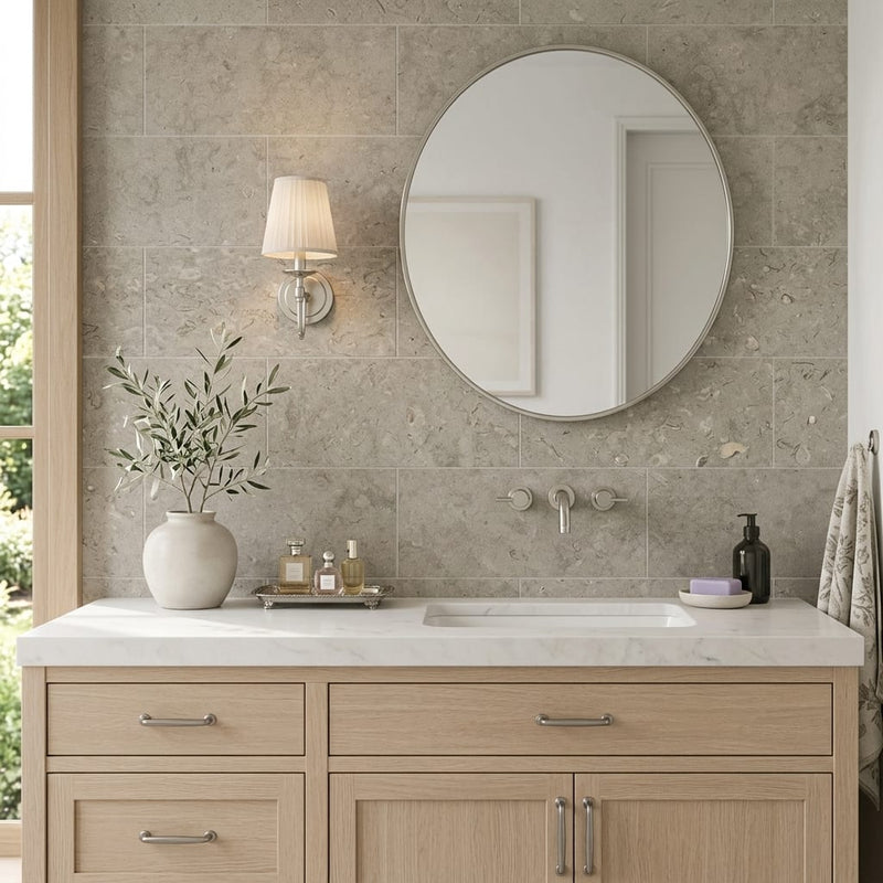 Rocas Azul 12x24 Honed Limestone Tile — Bathroom vanity wall