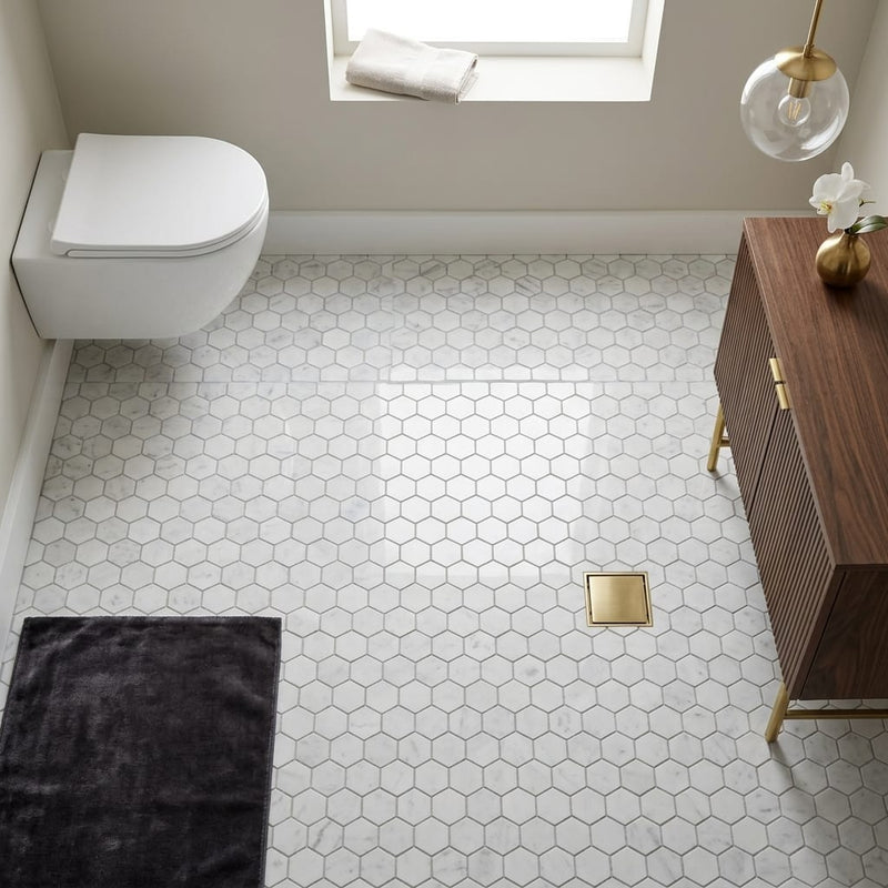 Rockart Carrara 1x1 Hexagon Polished Marble Mosaic — Bathroom floor