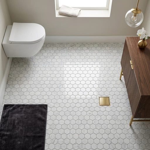Rockart Carrara 1x1 Hexagon Polished Marble Mosaic — Bathroom floor