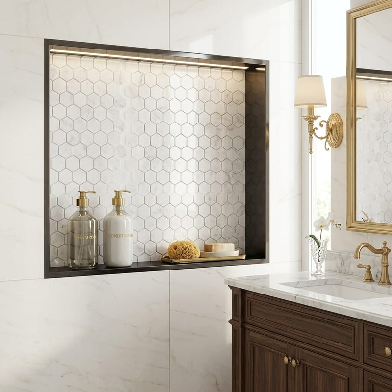 Rockart Carrara 1x1 Hexagon Polished Marble Mosaic — Bathroom niche
