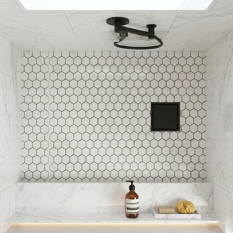 Rockart Carrara 1x1 Hexagon Polished Marble Mosaic — Bathroom shower floor