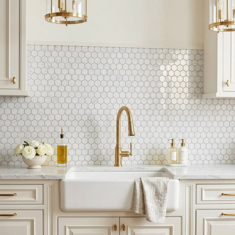 Rockart Carrara 1x1 Hexagon Polished Marble Mosaic — Kitchen backsplash