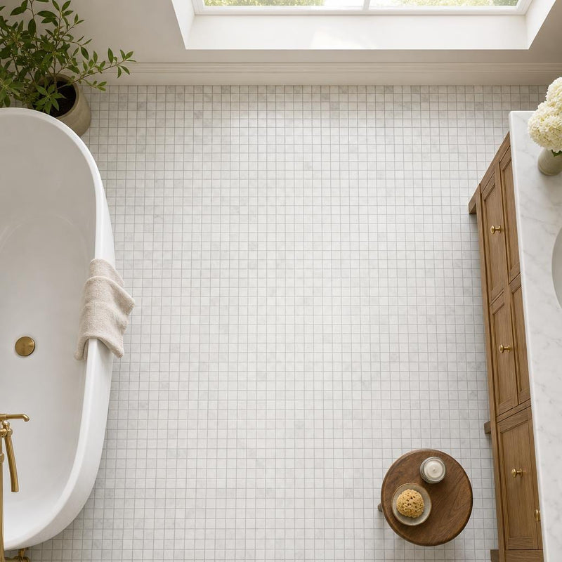 Rockart Carrara 1x1 Square Polished Marble Mosaic — Bathroom floor