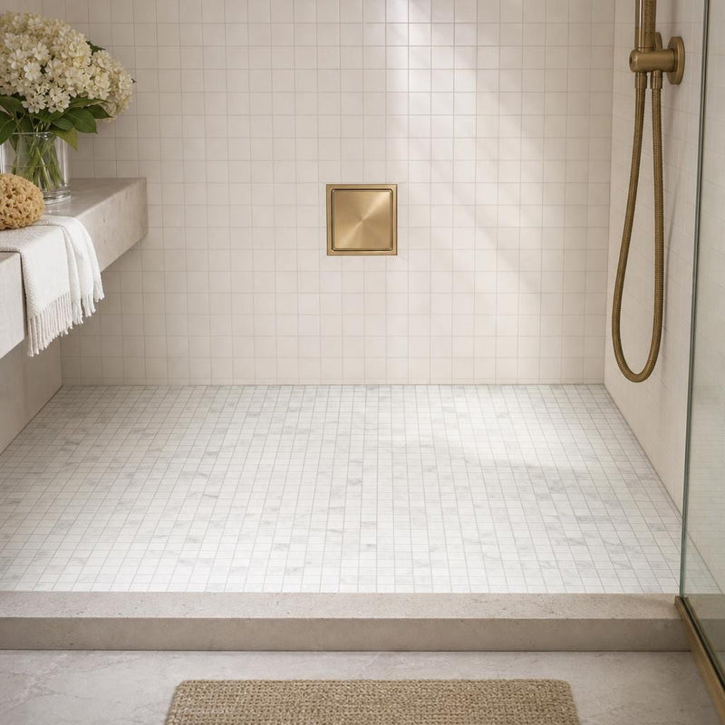 Rockart Carrara 1x1 Square Polished Marble Mosaic — Bathroom shower floor
