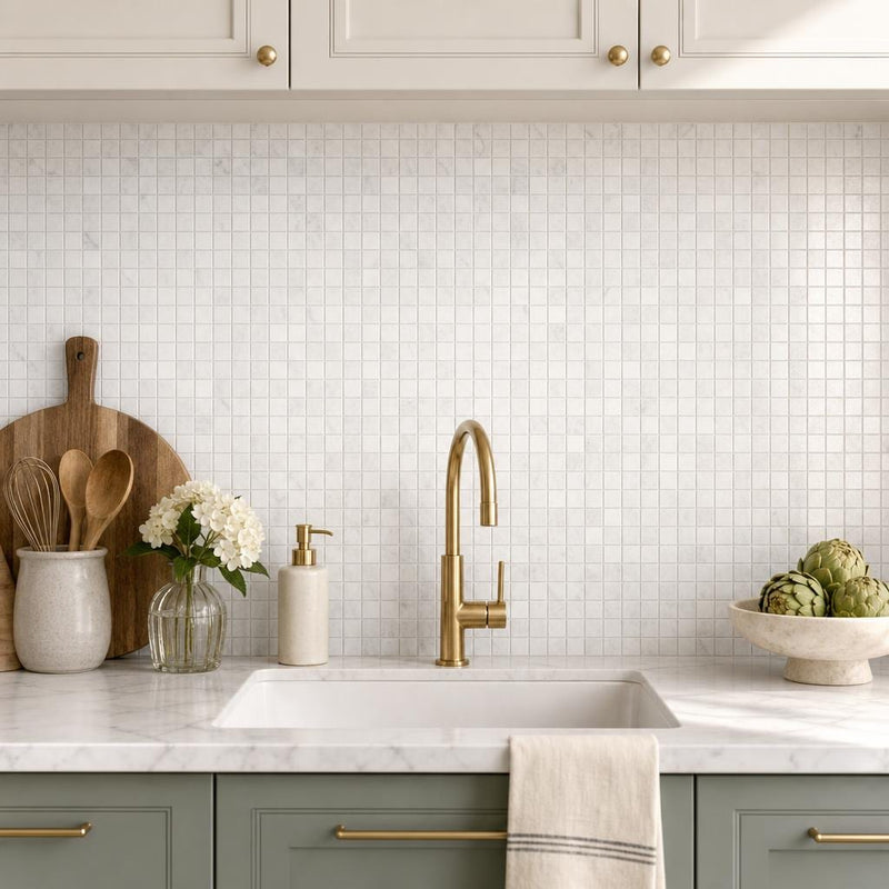 Rockart Carrara 1x1 Square Polished Marble Mosaic — Kitchen backsplash