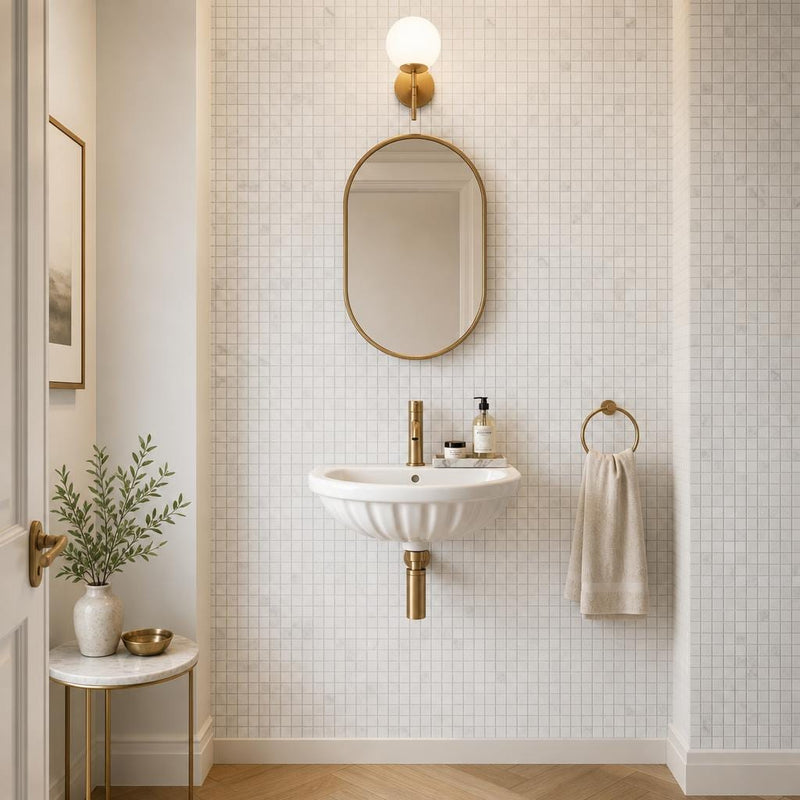 Rockart Carrara 1x1 Square Polished Marble Mosaic — Powder Room wall