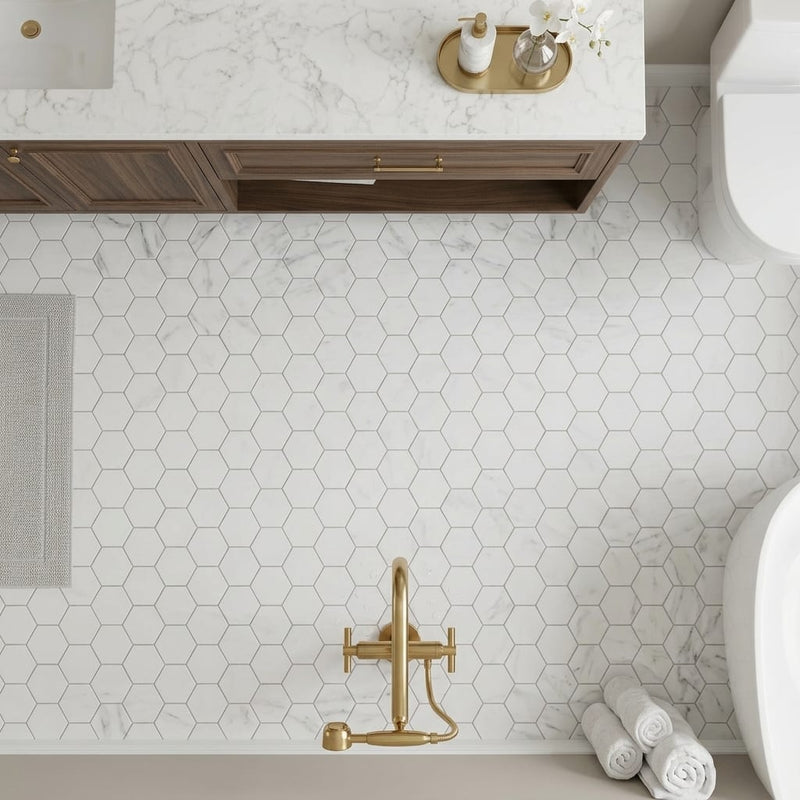 Rockart Carrara 2x2 Hexagon Polished Marble Mosaic — Bathroom floor
