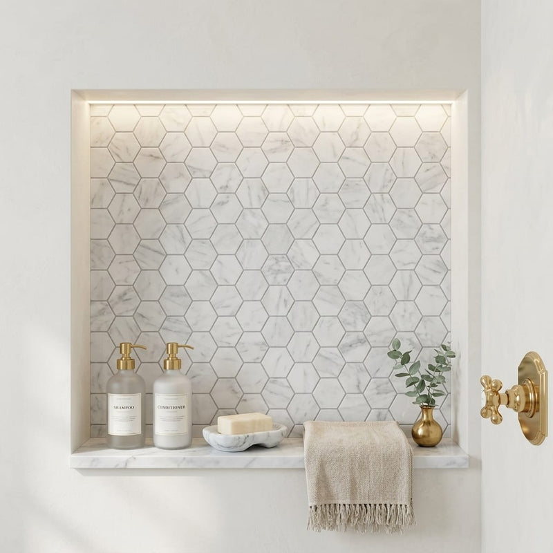 Rockart Carrara 2x2 Hexagon Polished Marble Mosaic — Bathroom niche