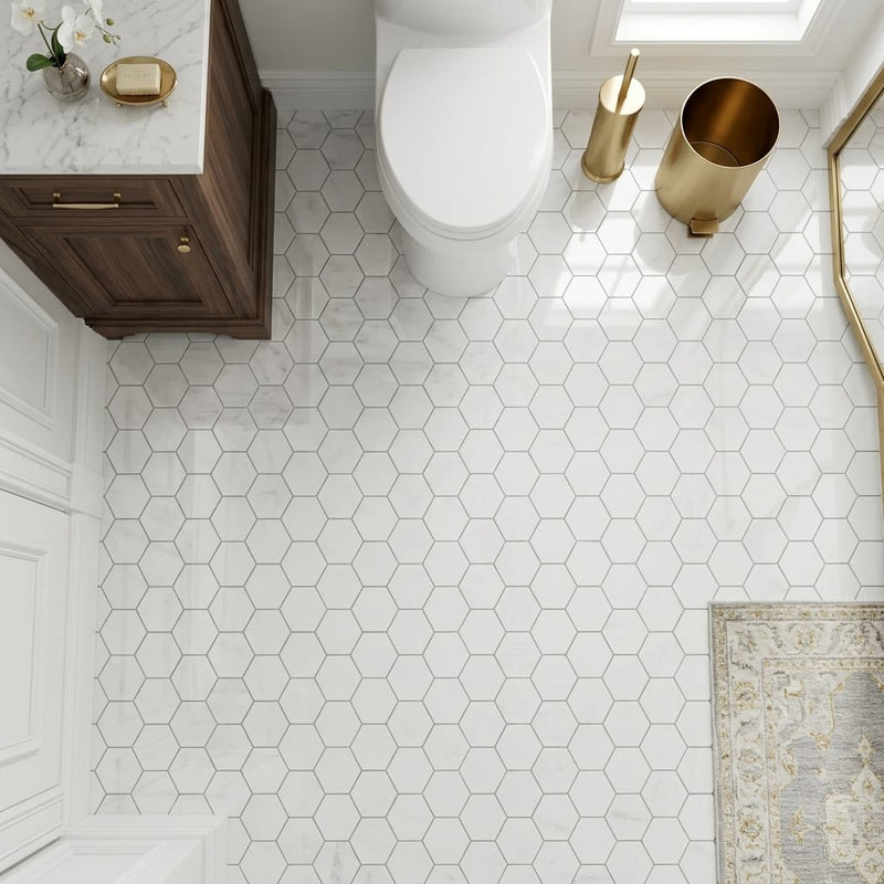 Rockart Carrara 2x2 Hexagon Polished Marble Mosaic — Powder Room floor
