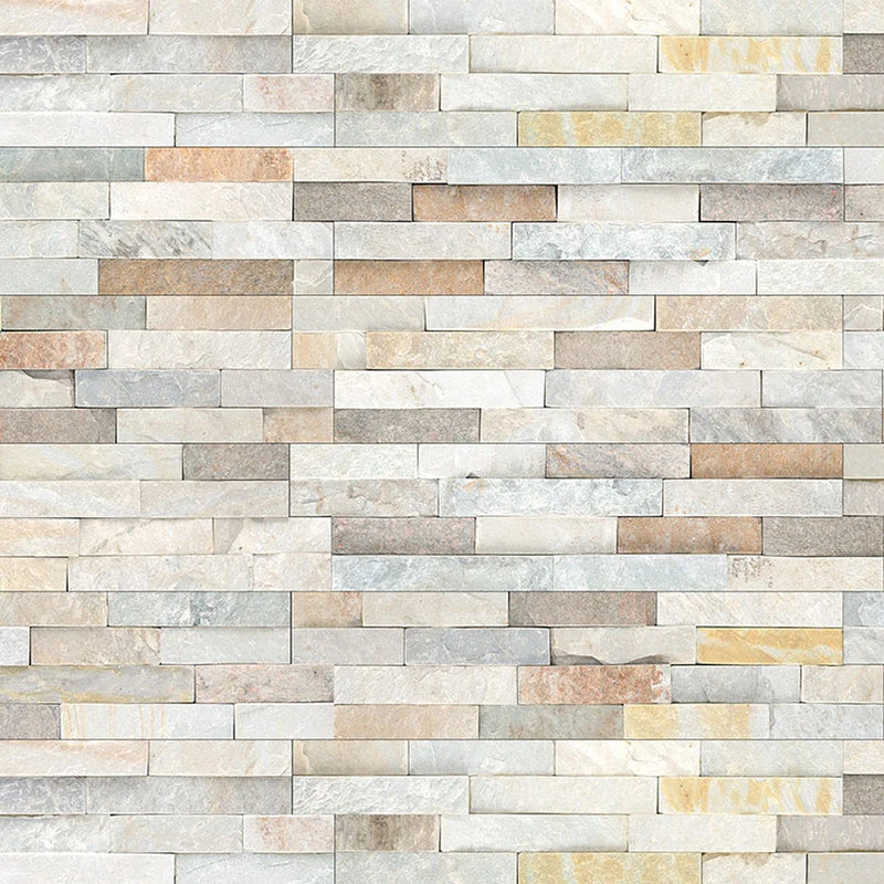 Rockmount Malibu Gold 6x24 panel splitface quartzite ledger stone in cream, beige, gray, and gold tones.