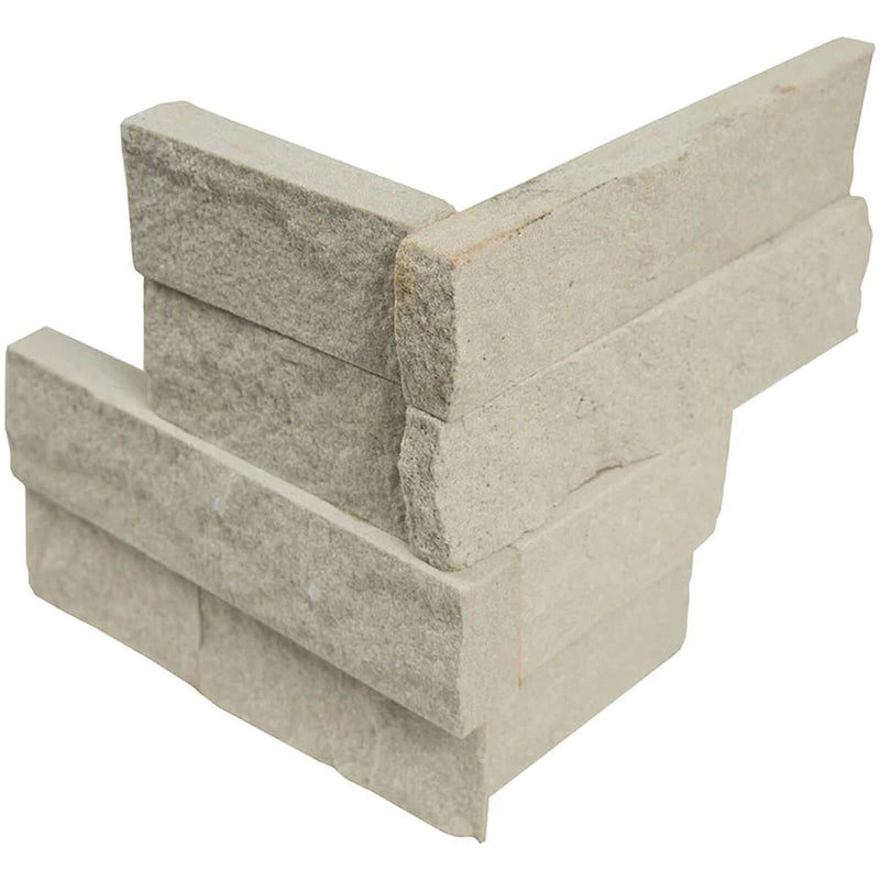 Rockmount Sedona Beige 6x6 corner splitface quartzite ledger stone with natural beige and gray tones and a textured surface.