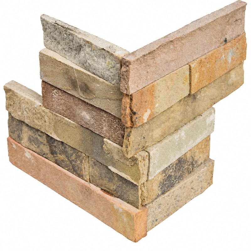 Rockmount Sedona Fossil 6x6 quartzite ledger stone corner with natural beige, tan and gray splitface textures.