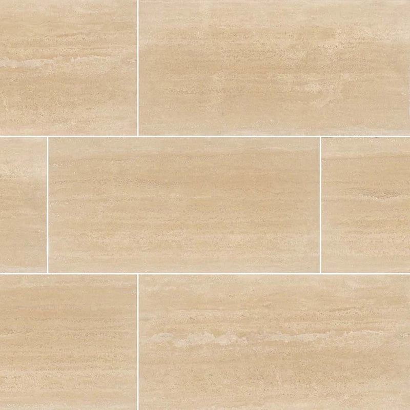 Roman Vein Cut honed travertine tiles in a staggered layout, with warm beige tones and subtle horizontal veining.