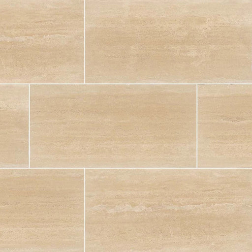 Roman Vein Cut honed travertine tiles in a staggered layout, with warm beige tones and subtle horizontal veining.