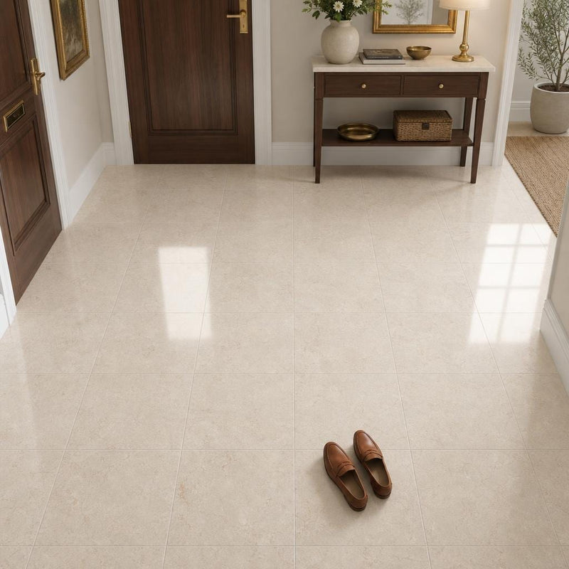 Rosalia Beige 12x12 Natural Marble Tile — Foyer floor