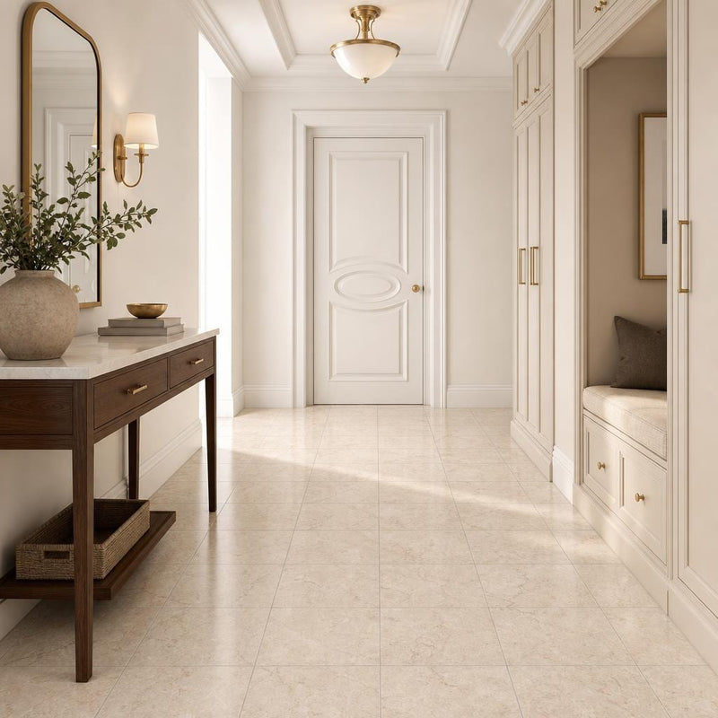 Rosalia Beige 12x12 Natural Marble Tile — Hallway floor