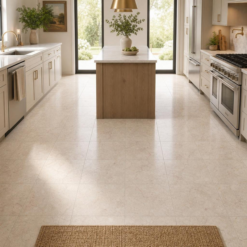 Rosalia Beige 12x12 Natural Marble Tile — Kitchen floor
