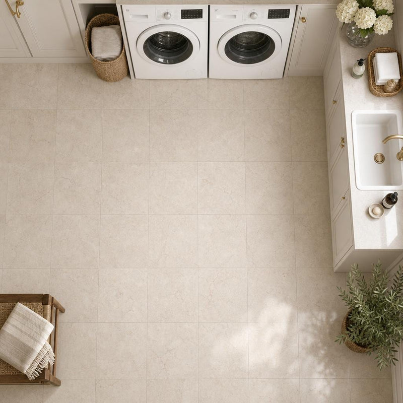 Rosalia Beige 12x12 Natural Marble Tile — Laundry Room floor