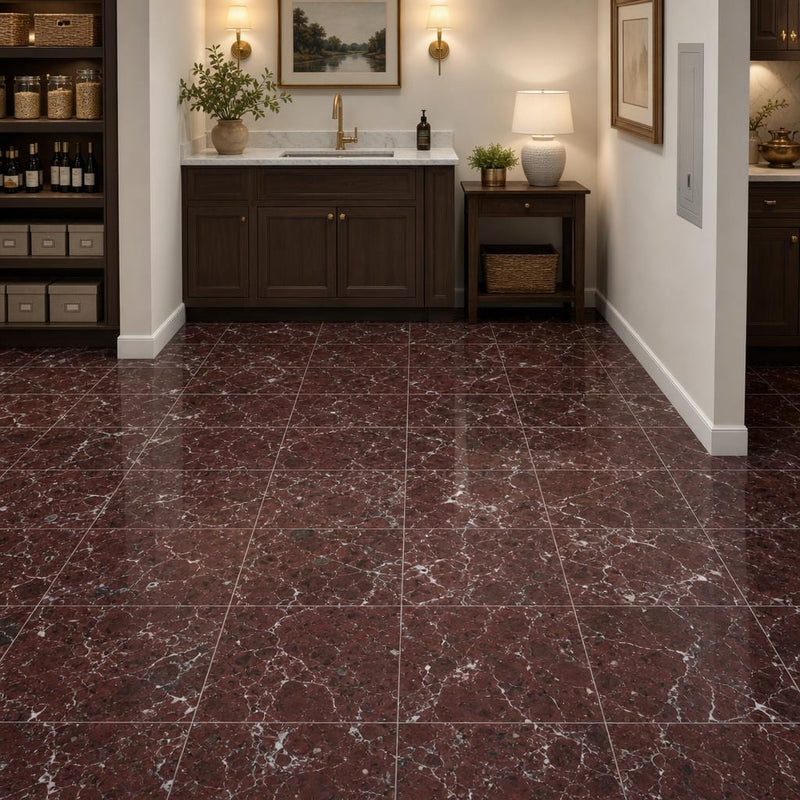 Rosso Levanto 12x12 Natural Marble Tile — Basement floor