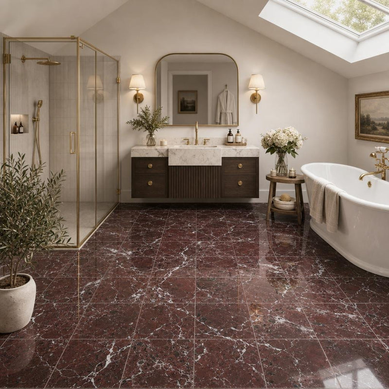 Rosso Levanto 12x12 Natural Marble Tile — Bathroom floor
