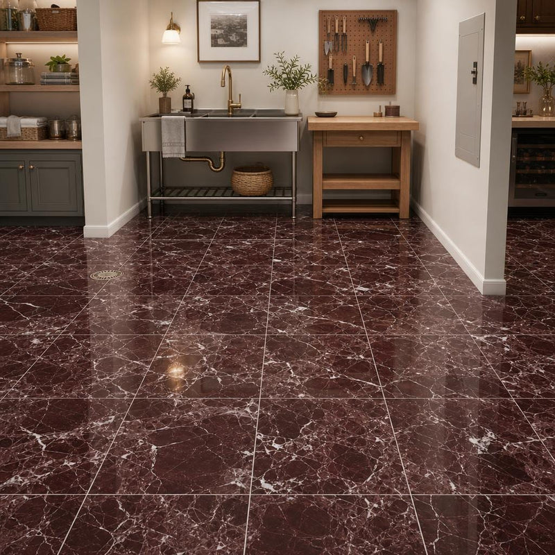 Rosso Levanto 12x12 Polished Marble Tile — Basement floor