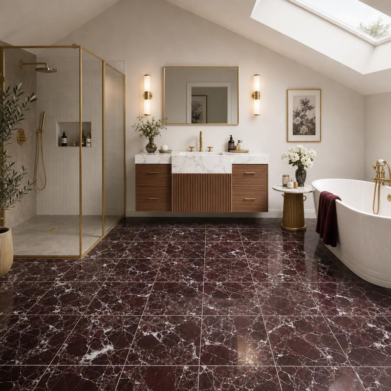 Rosso Levanto 12x12 Polished Marble Tile — Bathroom floor