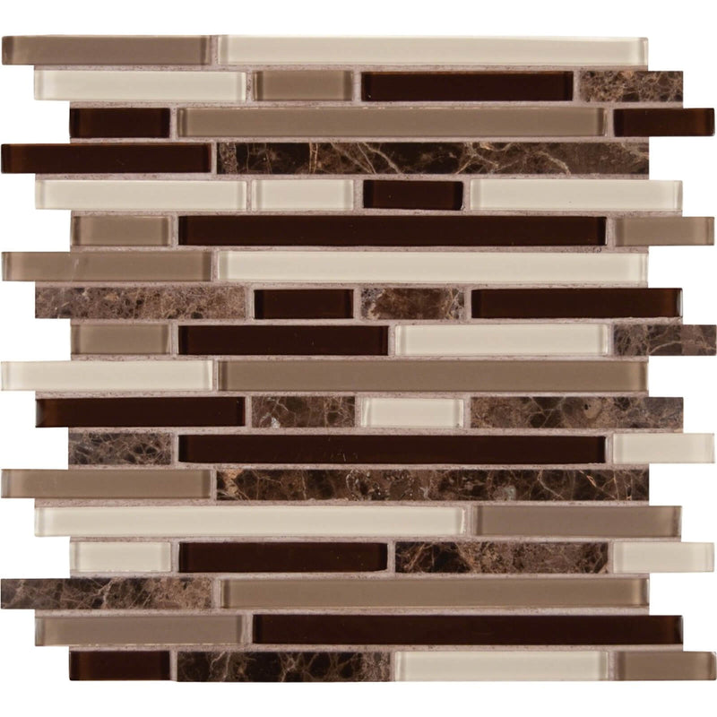 Royal Oaks Blend interlocking mosaic tile with narrow cream, taupe, dark brown glass, and veined marble strips arranged in a staggered horizontal pattern.