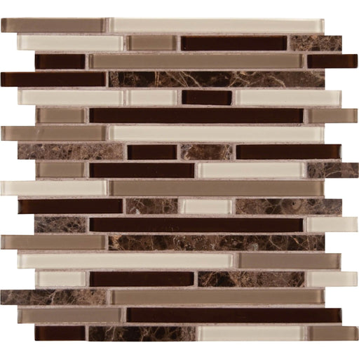 Royal Oaks Blend interlocking mosaic tile with narrow cream, taupe, dark brown glass, and veined marble strips arranged in a staggered horizontal pattern.