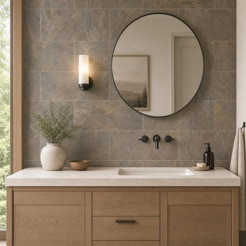 Rustic Gold 12x24 Gauged Slate Tile — Bathroom vanity wall
