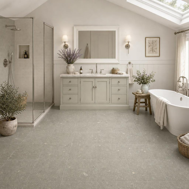 Rustic Green (Sea Grass) 12x12 Honed Natural Limestone Tile — Bathroom floor