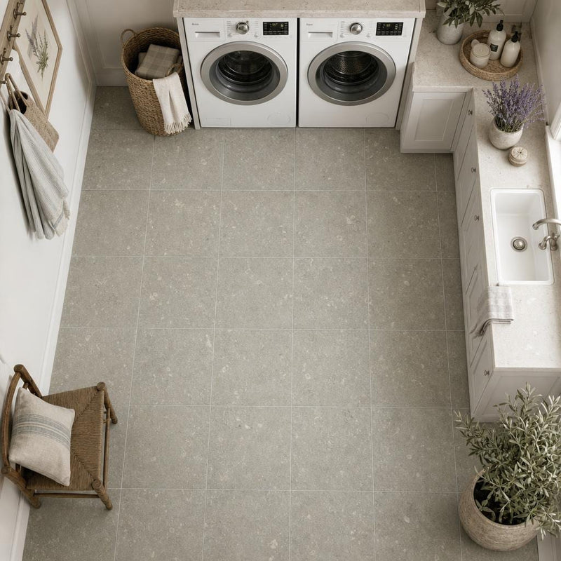 Rustic Green (Sea Grass) 12x12 Honed Natural Limestone Tile — Laundry Room floor