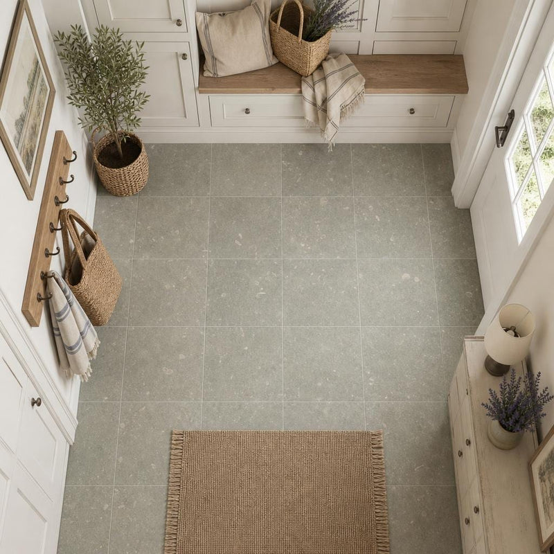 Rustic Green (Sea Grass) 12x12 Honed Natural Limestone Tile — Mudroom floor