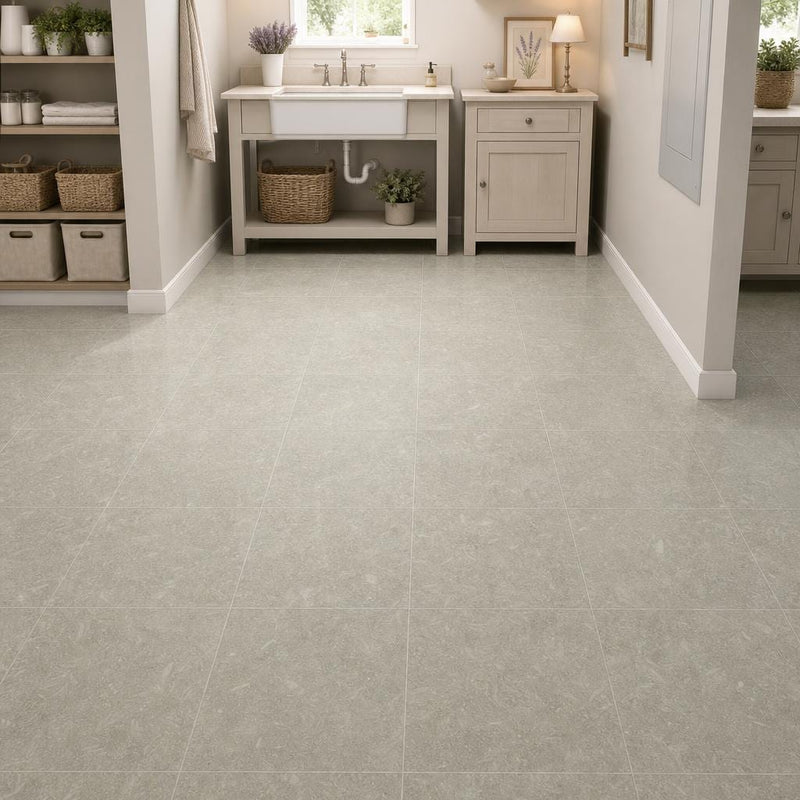 Rustic Green (Sea Grass) 12x12 Polished Natural Limestone Tile — Basement floor