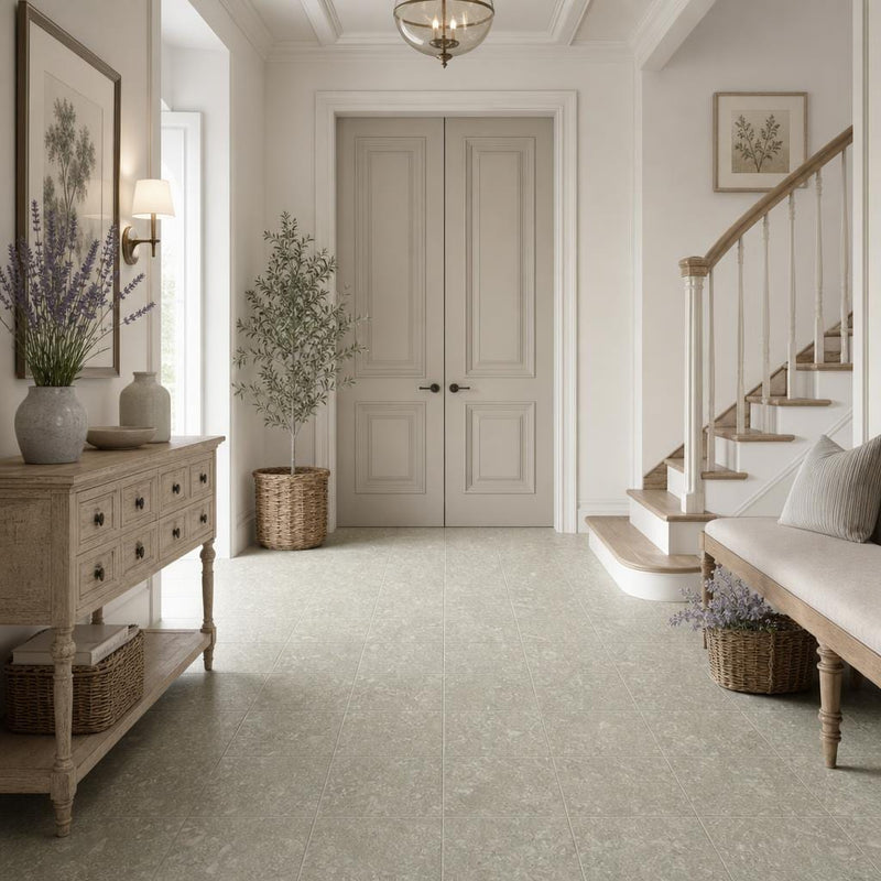 Rustic Green (Sea Grass) 12x12 Polished Natural Limestone Tile — Hallway floor