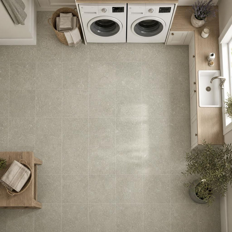 Rustic Green (Sea Grass) 12x12 Polished Natural Limestone Tile — Laundry Room floor