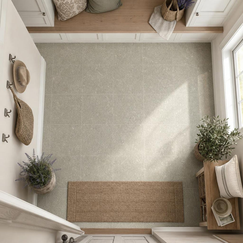 Rustic Green (Sea Grass) 12x12 Polished Natural Limestone Tile — Mudroom floor