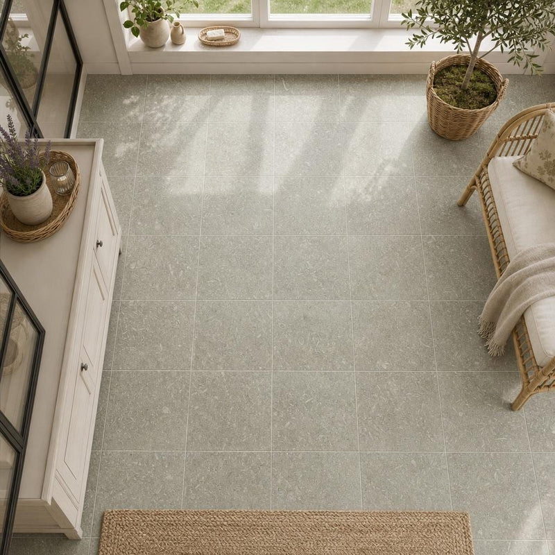 Rustic Green (Sea Grass) 12x12 Polished Natural Limestone Tile — Sunroom floor