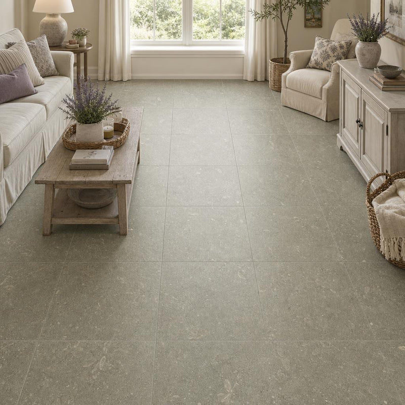 Rustic Green (Sea Grass) 18x18 Honed Limestone Tile — Family Room floor