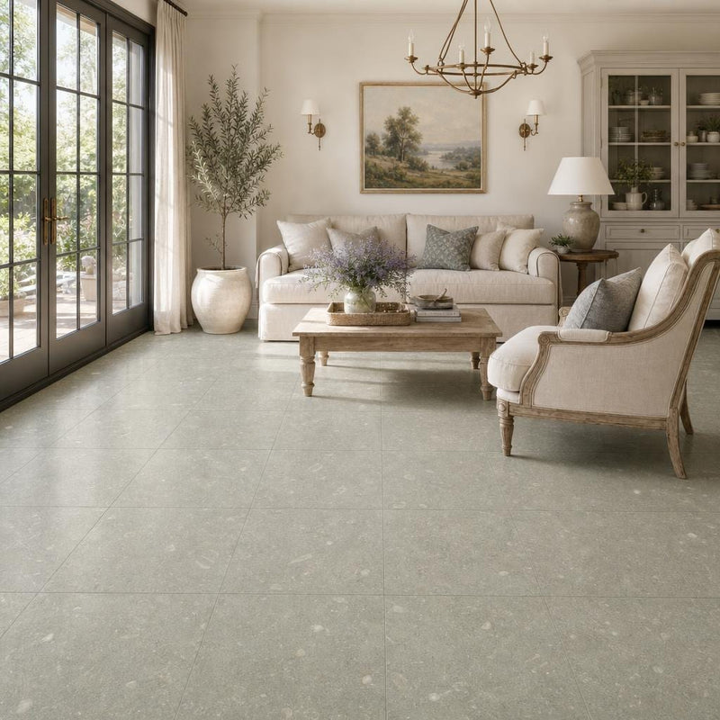 Rustic Green (Sea Grass) 18x18 Honed Limestone Tile — Living Room floor