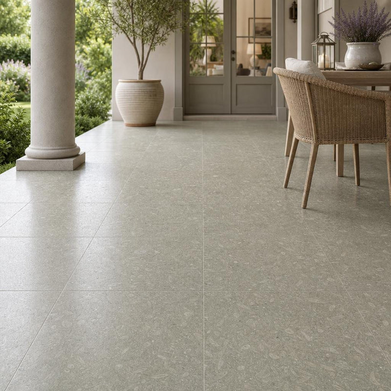 Rustic Green (Sea Grass) 18x18 Polished Limestone Tile — Covered Patio floor
