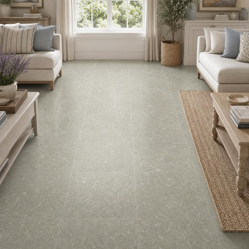 Rustic Green (Sea Grass) 18x18 Polished Limestone Tile — Family Room floor