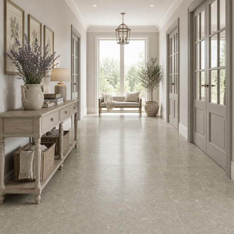 Rustic Green (Sea Grass) 18x18 Polished Limestone Tile — Hallway floor