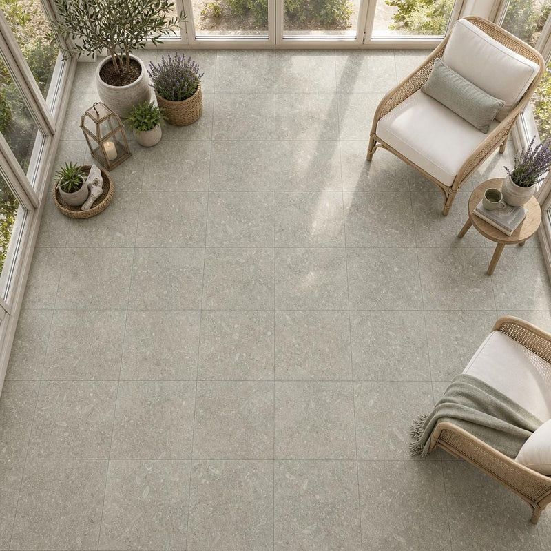 Rustic Green (Sea Grass) 18x18 Polished Limestone Tile — Sunroom floor