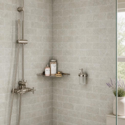 Rustic Green (Sea Grass) 3x6 Antique Subway Limestone Tile — Bathroom shower wall