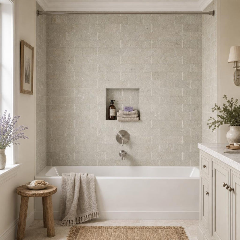 Rustic Green (Sea Grass) 3x6 Antique Subway Limestone Tile — Bathroom tub surround